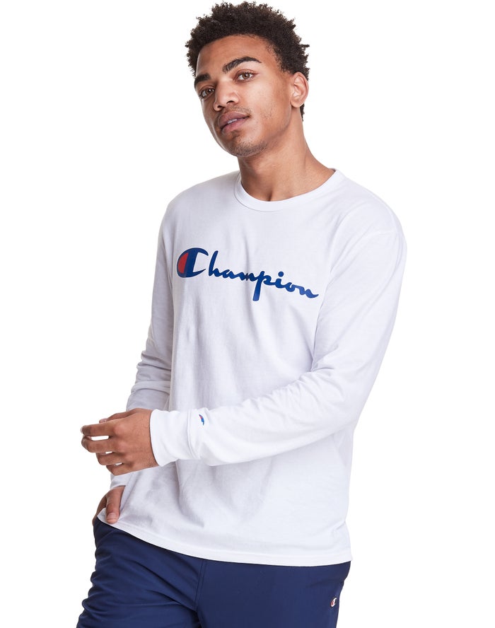 Champion Long-Sleeve Lightweight Script Logo - Miesten Valkoinen T-Paita - Suomi 7316920-ZX